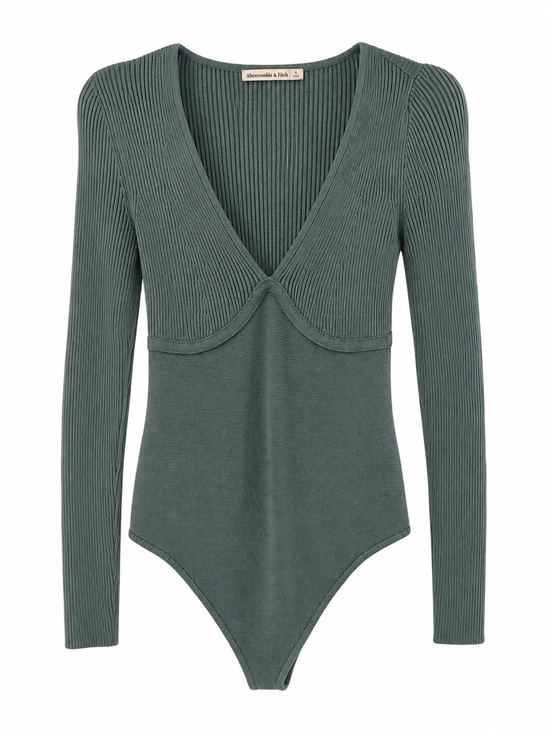 Abercrombie & Fitch Tops - Abercrombie & Fitch Sage Green Ribbed V-Neck Long Sleeve Bodysuit